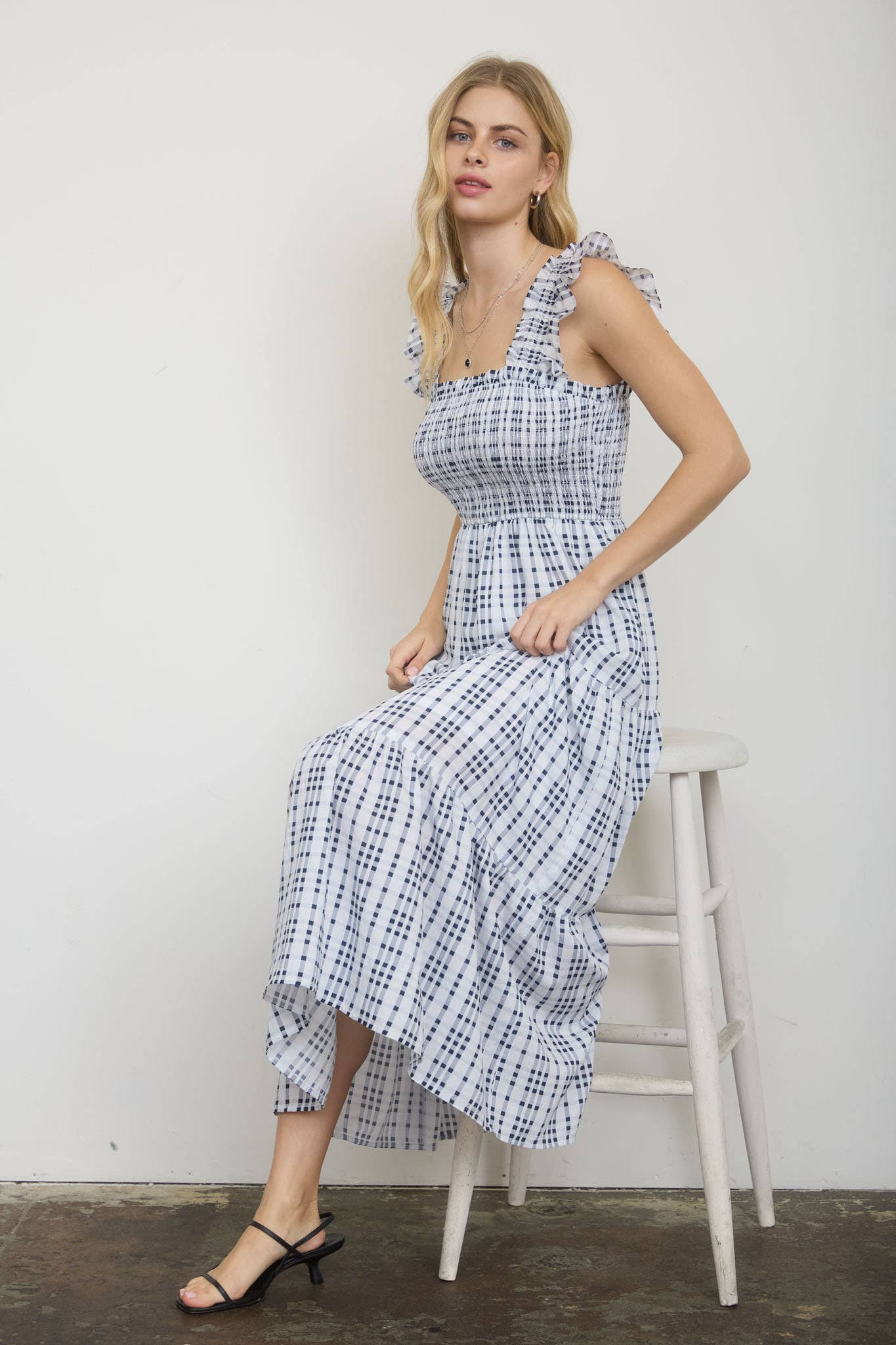 PLAID SMOCKED RUFFLE STRAP TIERED MIDI DRESS