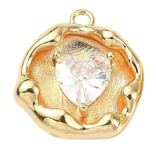 * Cubic Zirconia Heart Embedded in Artistic Gold Disc