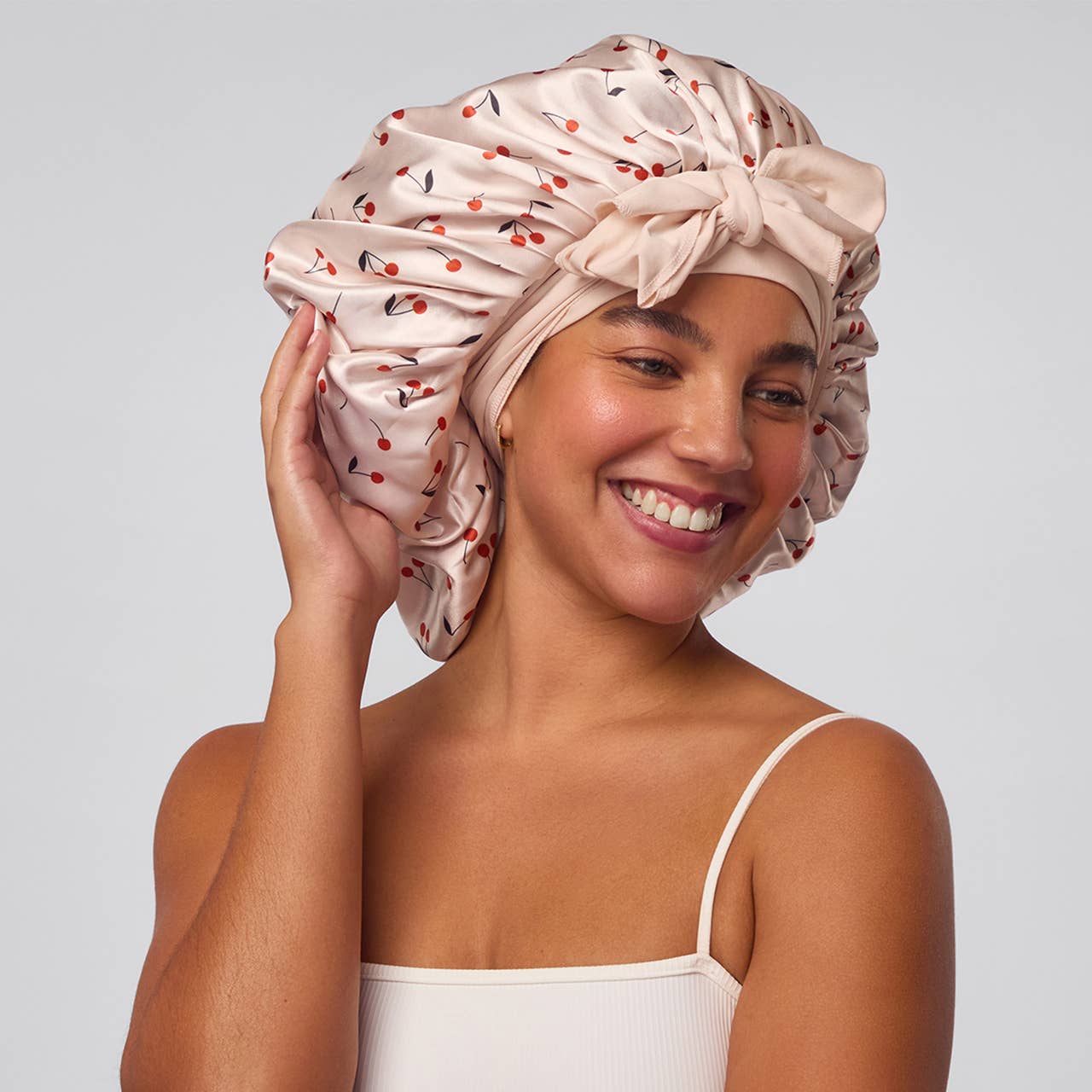 Kitsch | Adjustable Oversized Satin Bonnet - Cherry Print