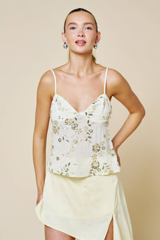 Floral Sequin And Bead Embellished Cami Top