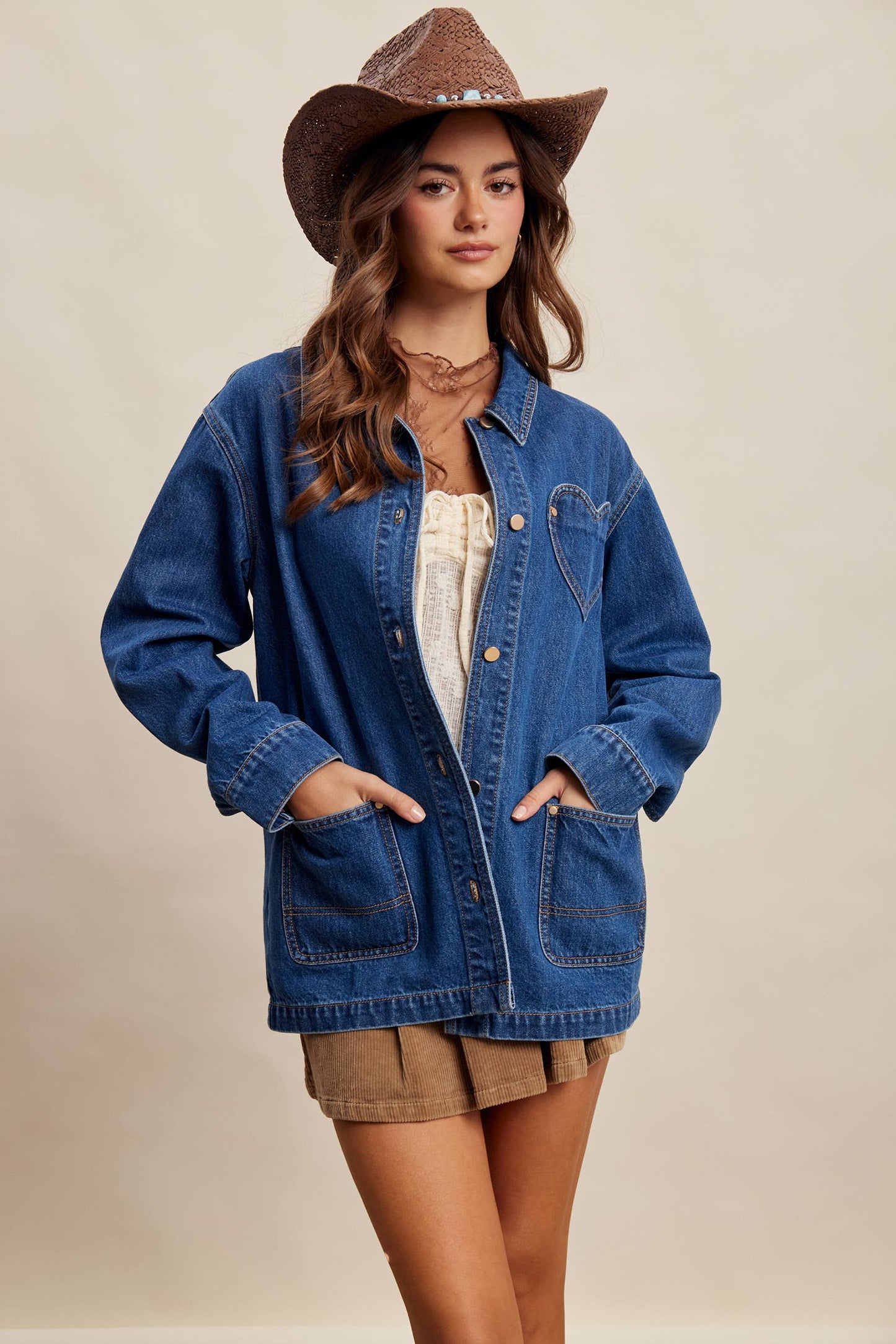 Heart Pocket Denim Shacket LJ0268