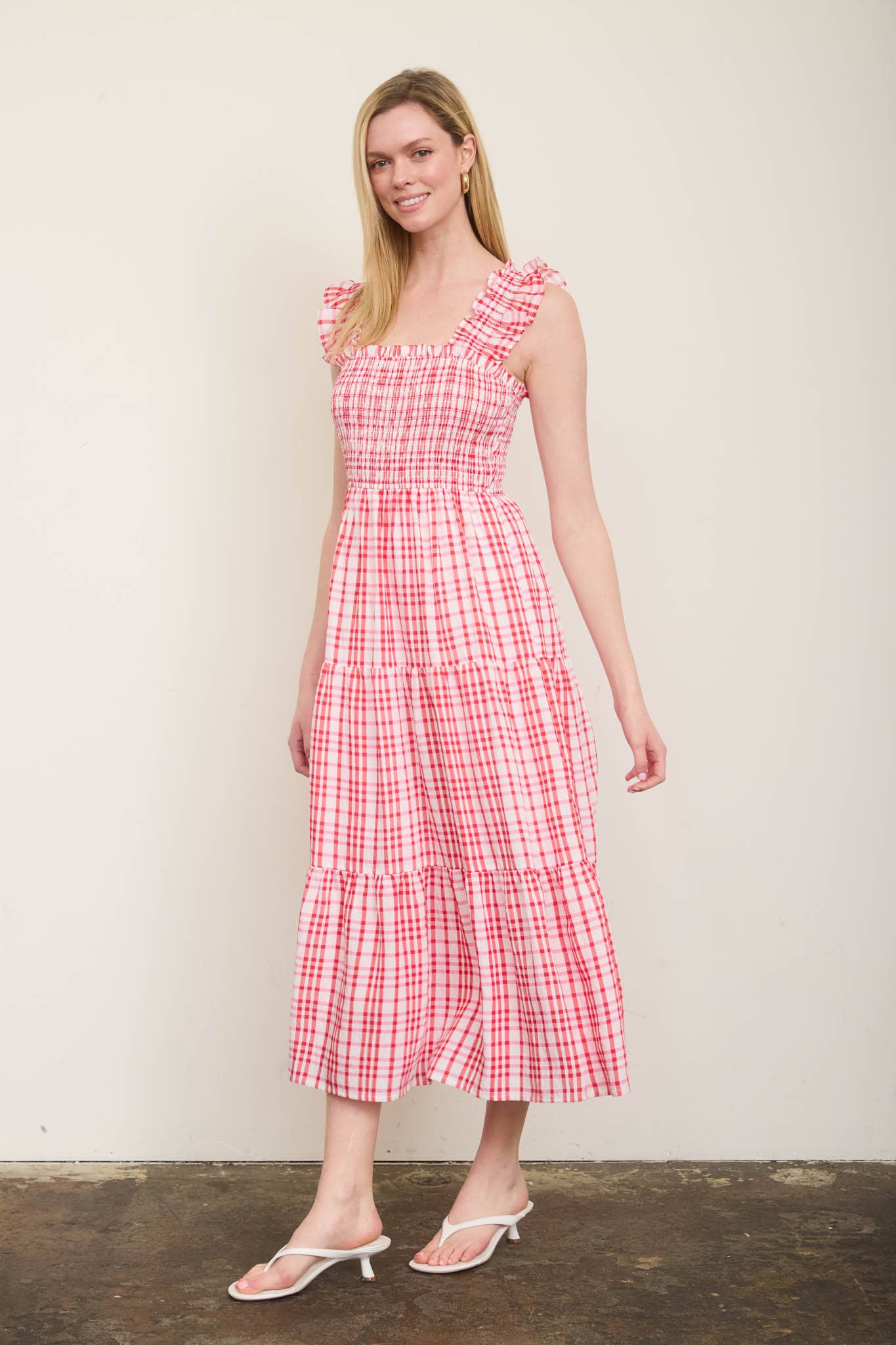PLAID SMOCKED RUFFLE STRAP TIERED MIDI DRESS