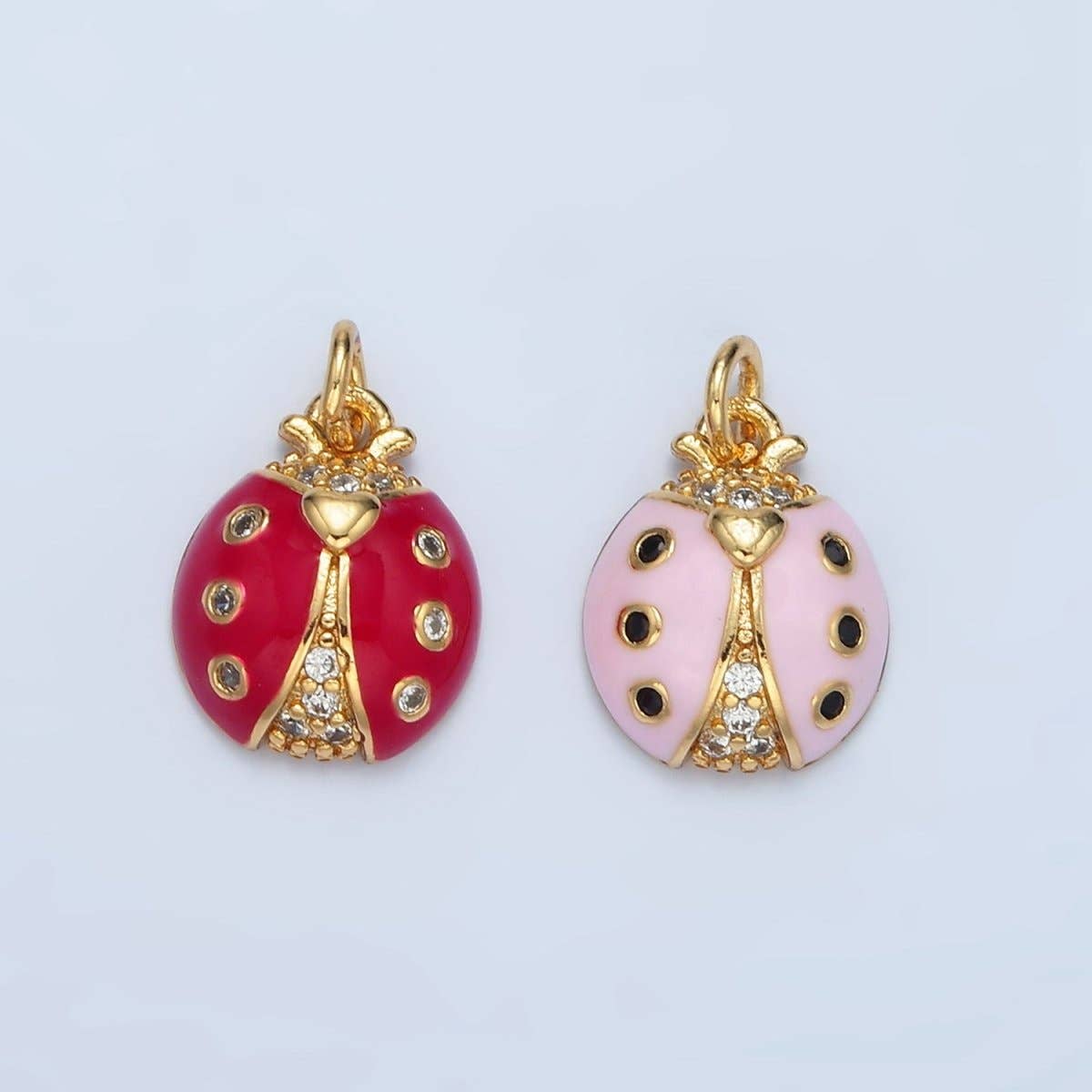 24K Gold Filled Red and Pink Enamel CZ Micro Paved Ladybug Insect Animal Charm | AG-622
