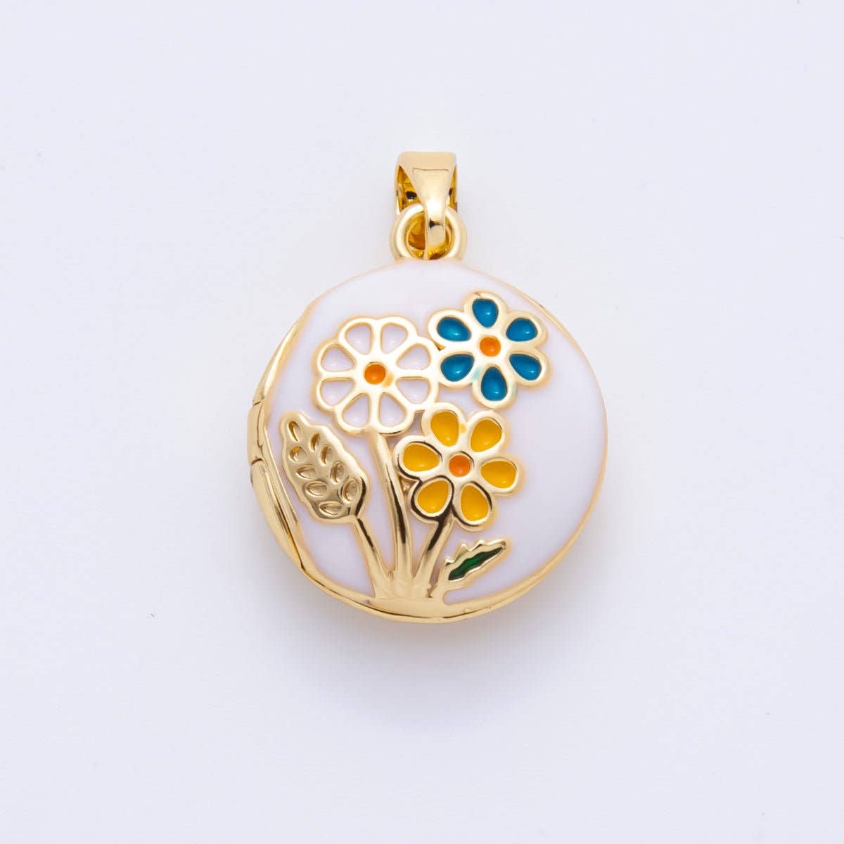 18K Gold Filled 23mm Enamel Spring Flower Garden Locket Pendant | AH802