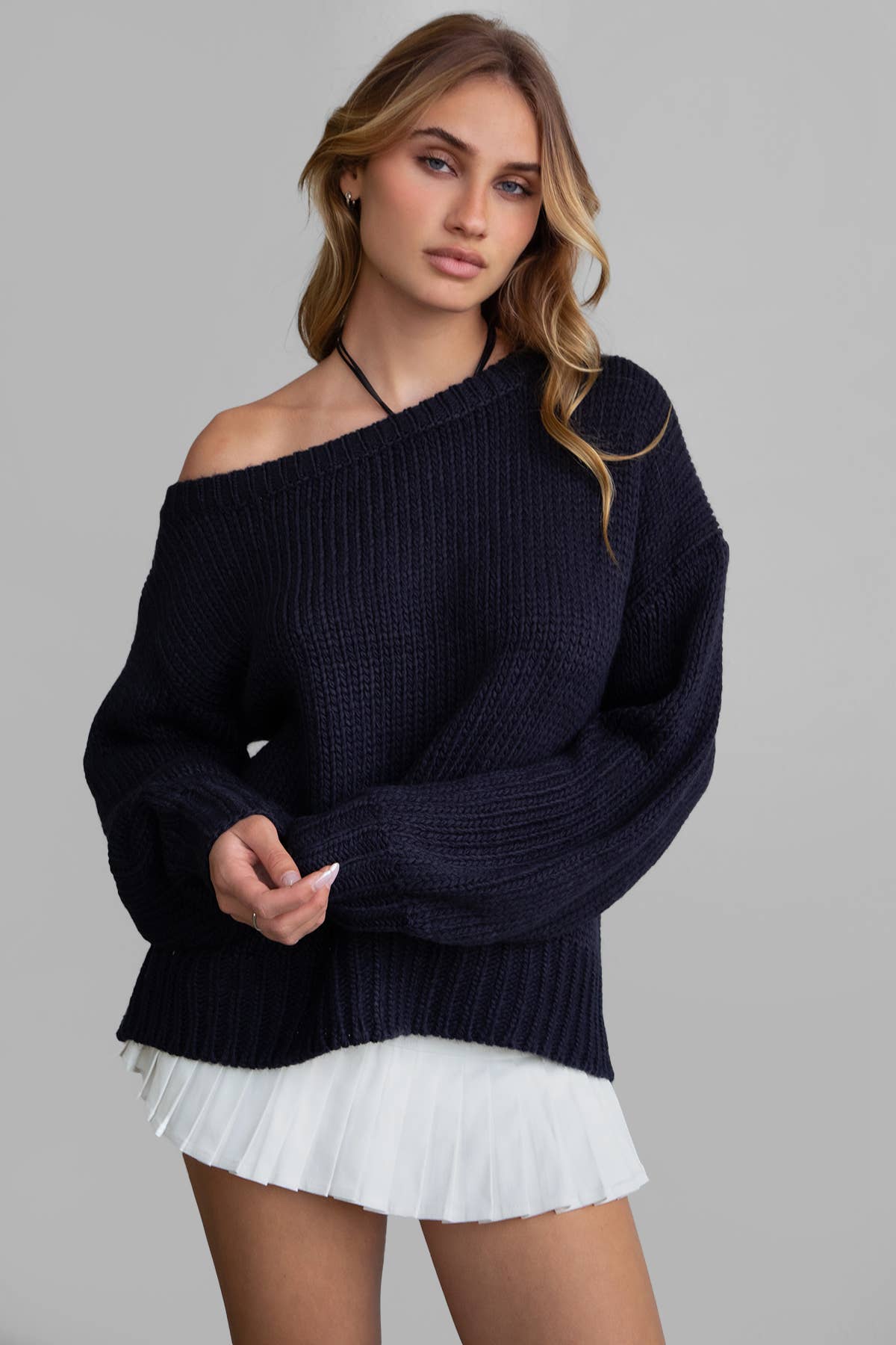 BRANDY Ribbed Knit Off The Shoulder Relaxed Sweater Cardigan