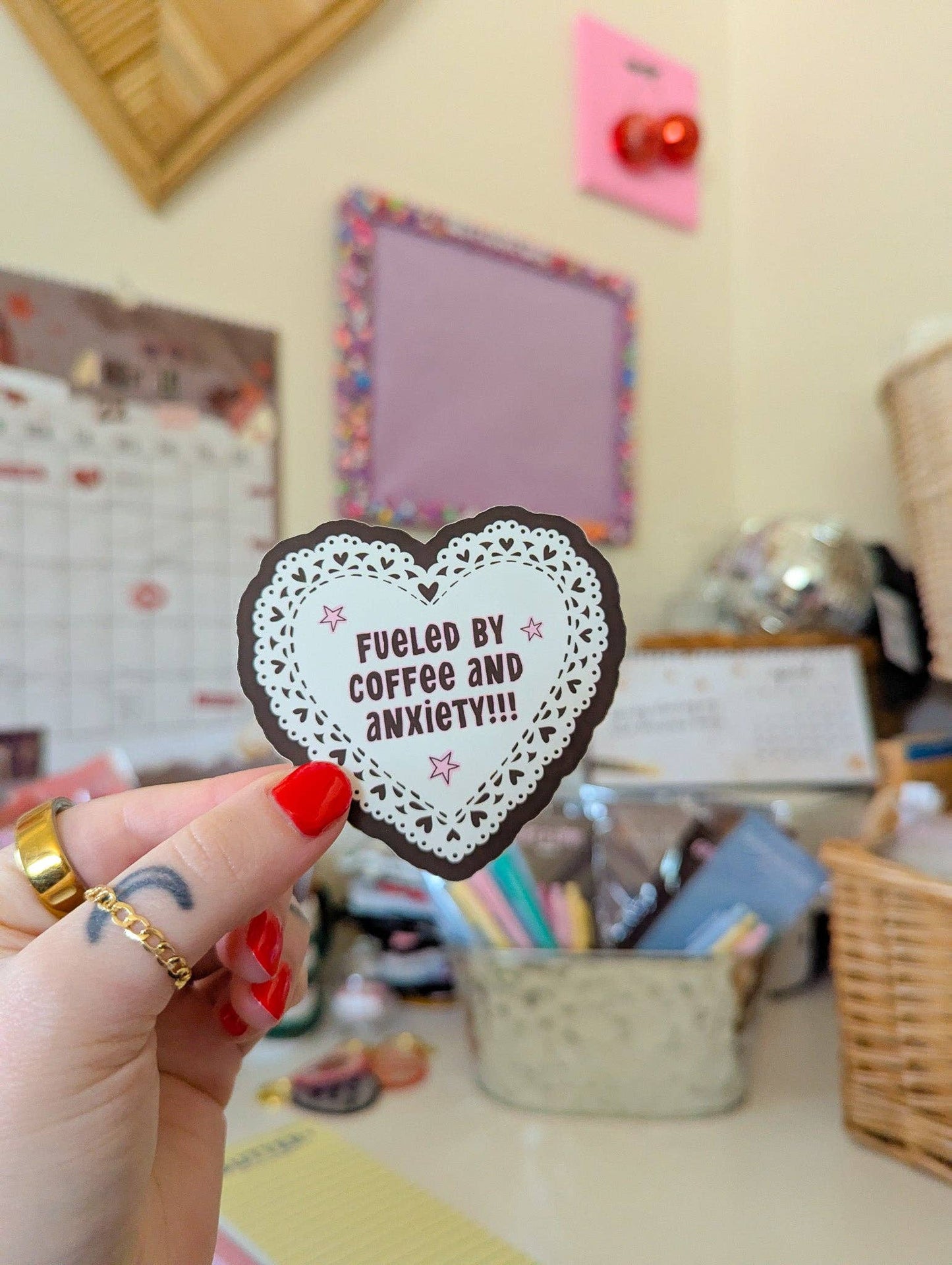 Fueled by coffee and anxiety matte sticker