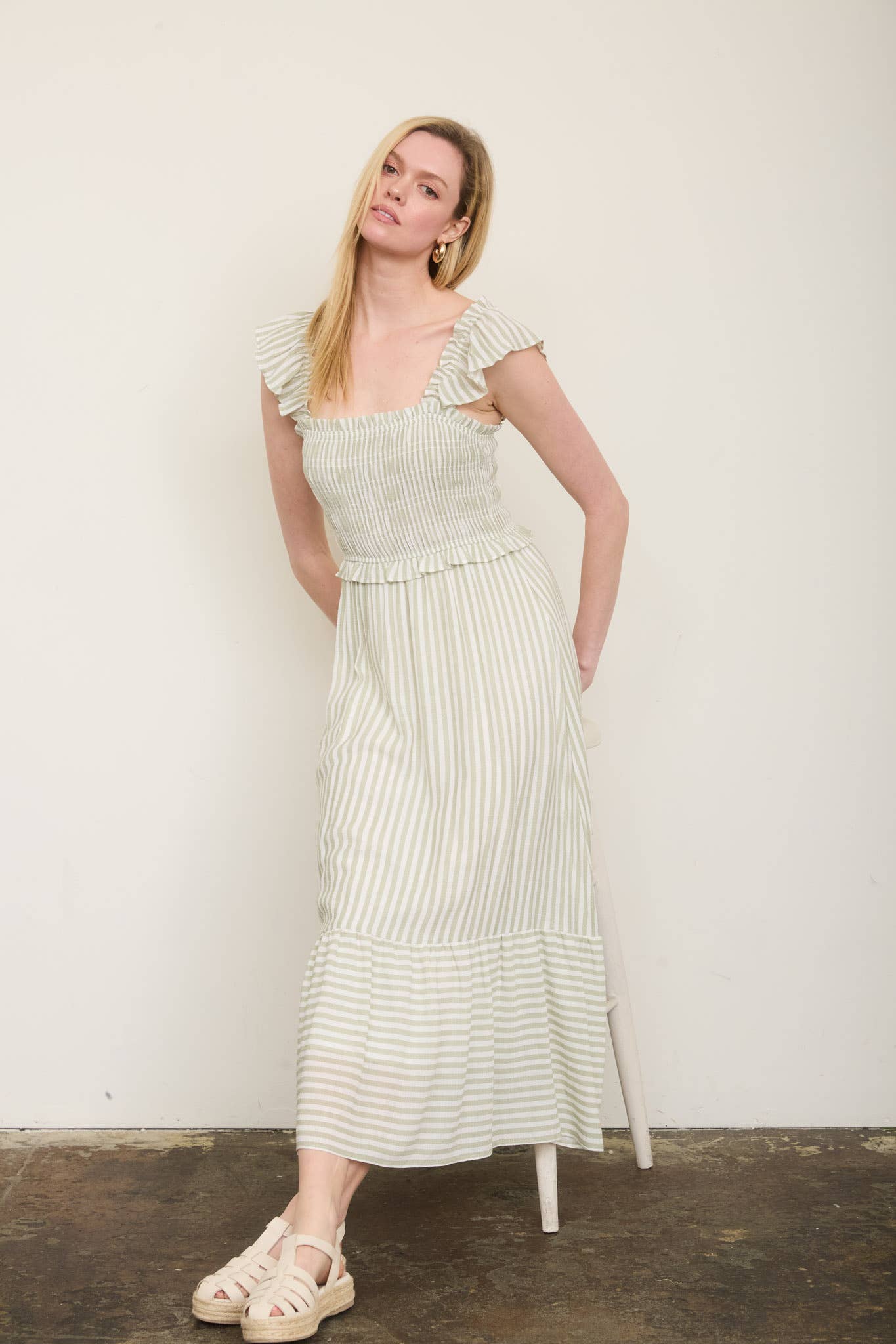 PLUS STRIPE SMOCKED RUFFLE TRIM MIDI DRESS