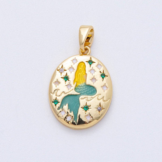 18K Gold Filled 20mm Mermaid Ocean Engraved CZ Oval Pendant | AF1215