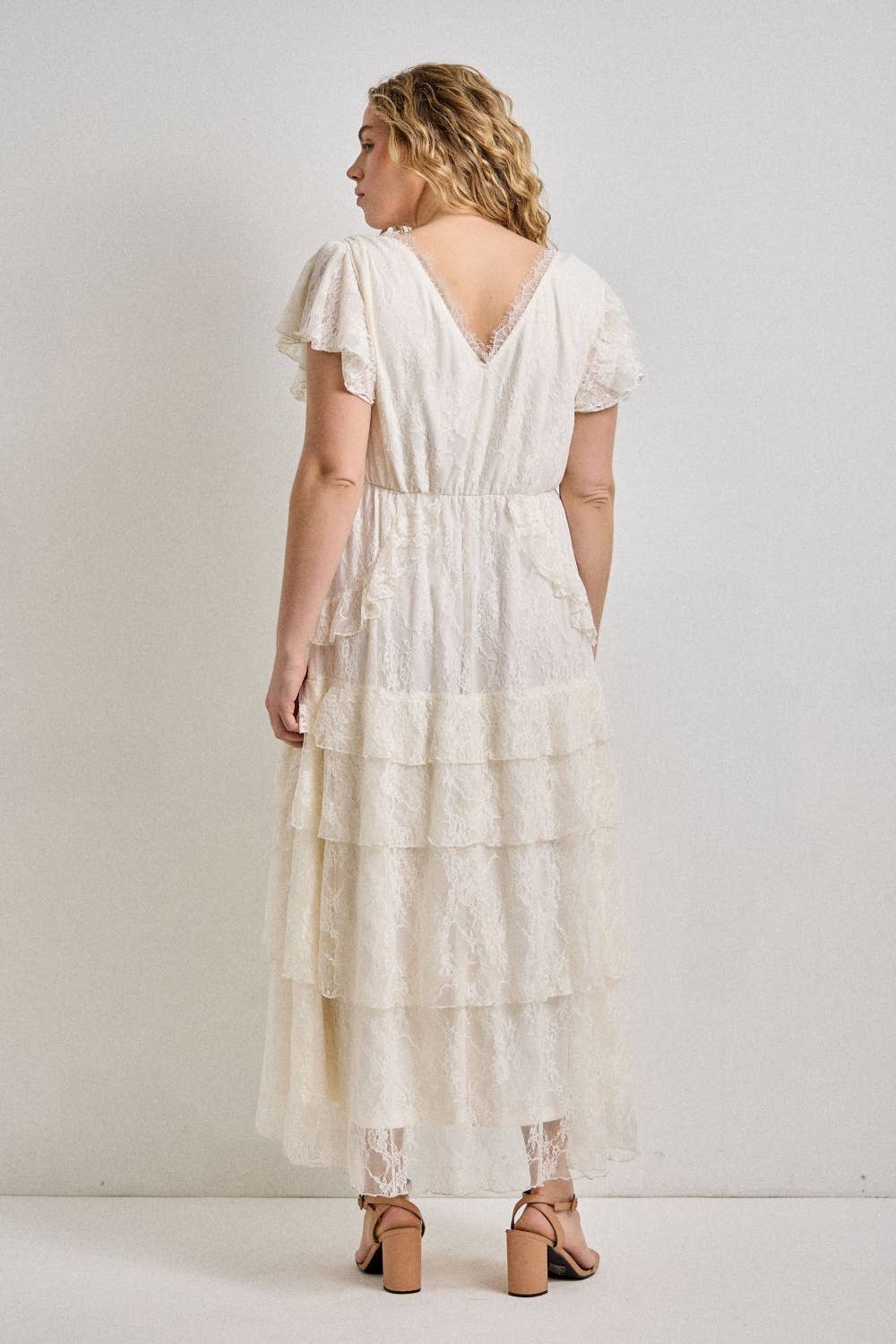 Plus Size Lace Tiered Flutter Sleeve Maxi Dress