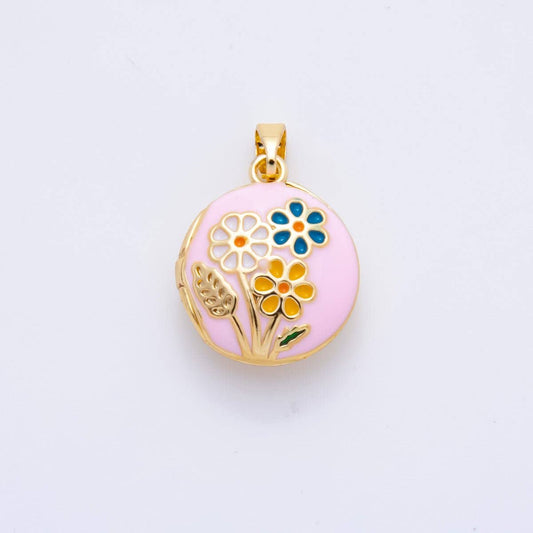 18K Gold Filled 23mm Enamel Spring Flower Garden Locket Pendant | AH802