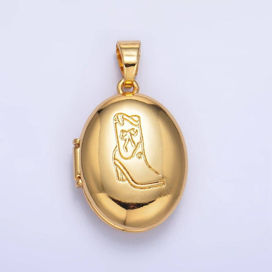 24K Gold Filled Engraved Cowboy Boot Oval Locket Pendant | AA-1016