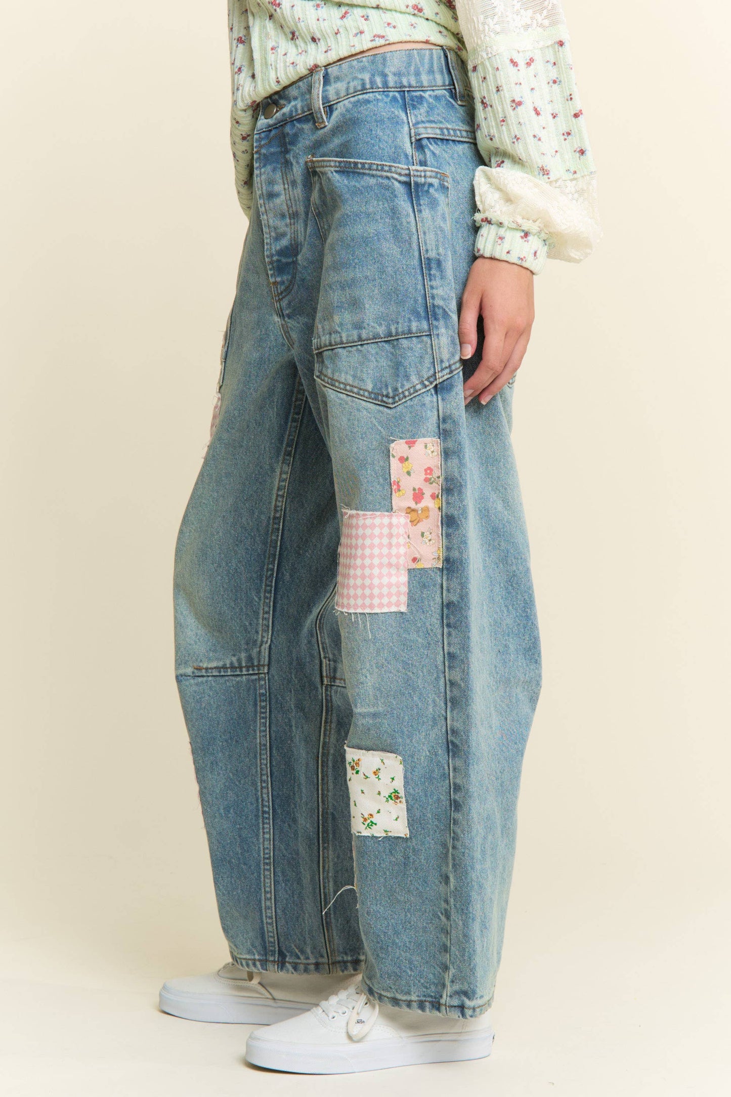 Patchwork Charm Barrel Leg Jeans
