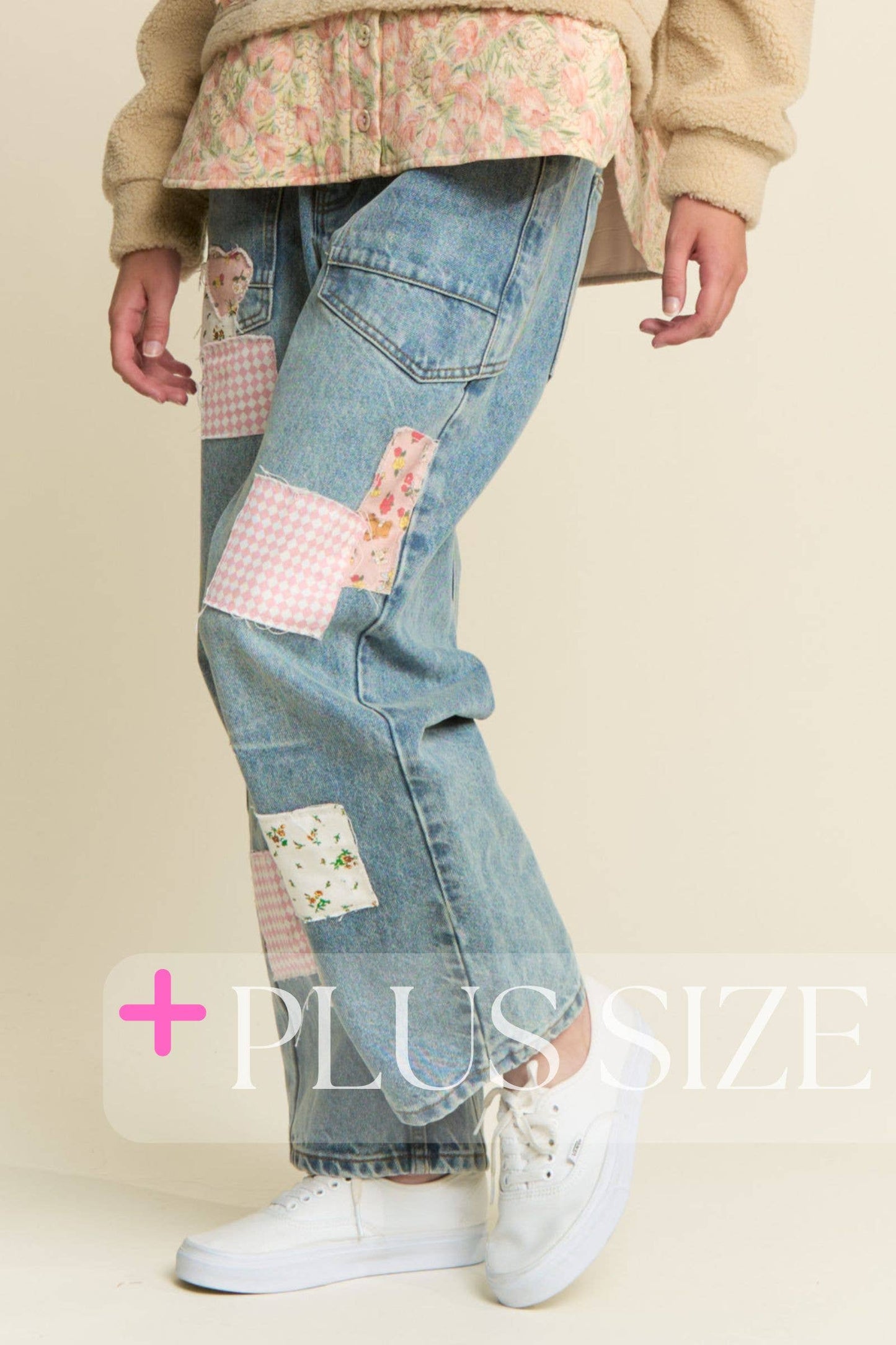 PLUS SIZE ~ MINERAL WASHED PATCHWORK JEANS