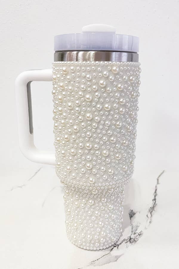 40 oz White Pearl Studded Tumbler