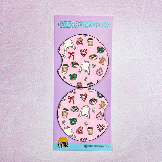 2 Car Coasters, Winter Icons On Pink Pattern