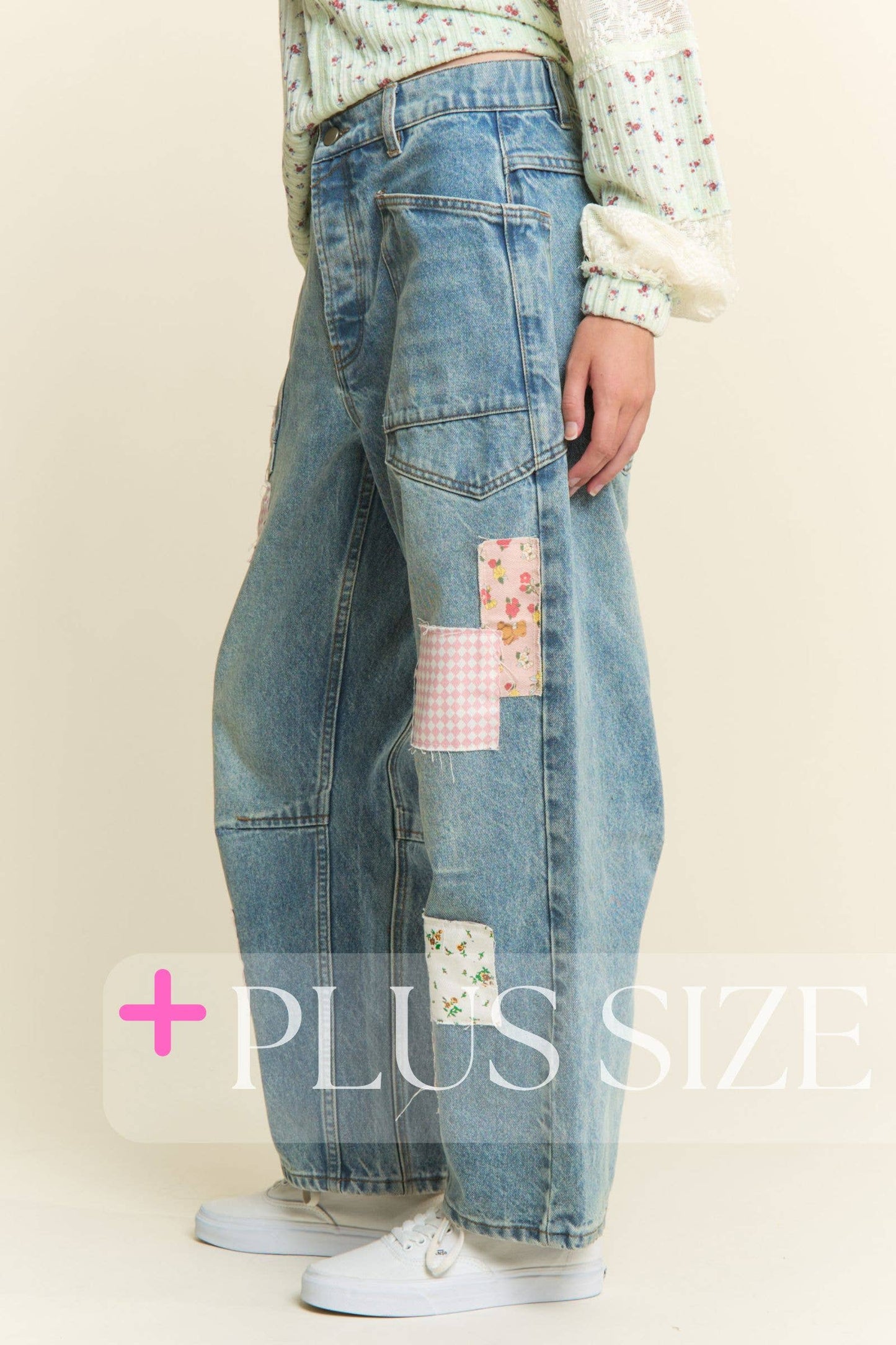 PLUS SIZE ~ MINERAL WASHED PATCHWORK JEANS