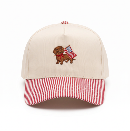 PATRIOTIC DACHSHUND ♡ embroidered striped brim trucker hat