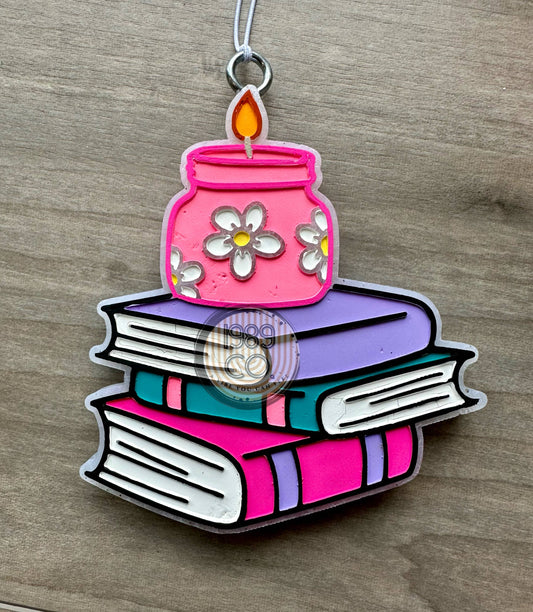 Candle with book stack Car Freshie