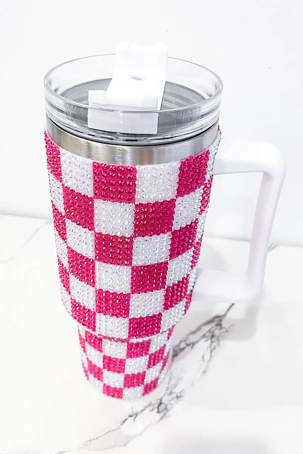 40 oz Hot Pink Check Rhinestone Tumbler
