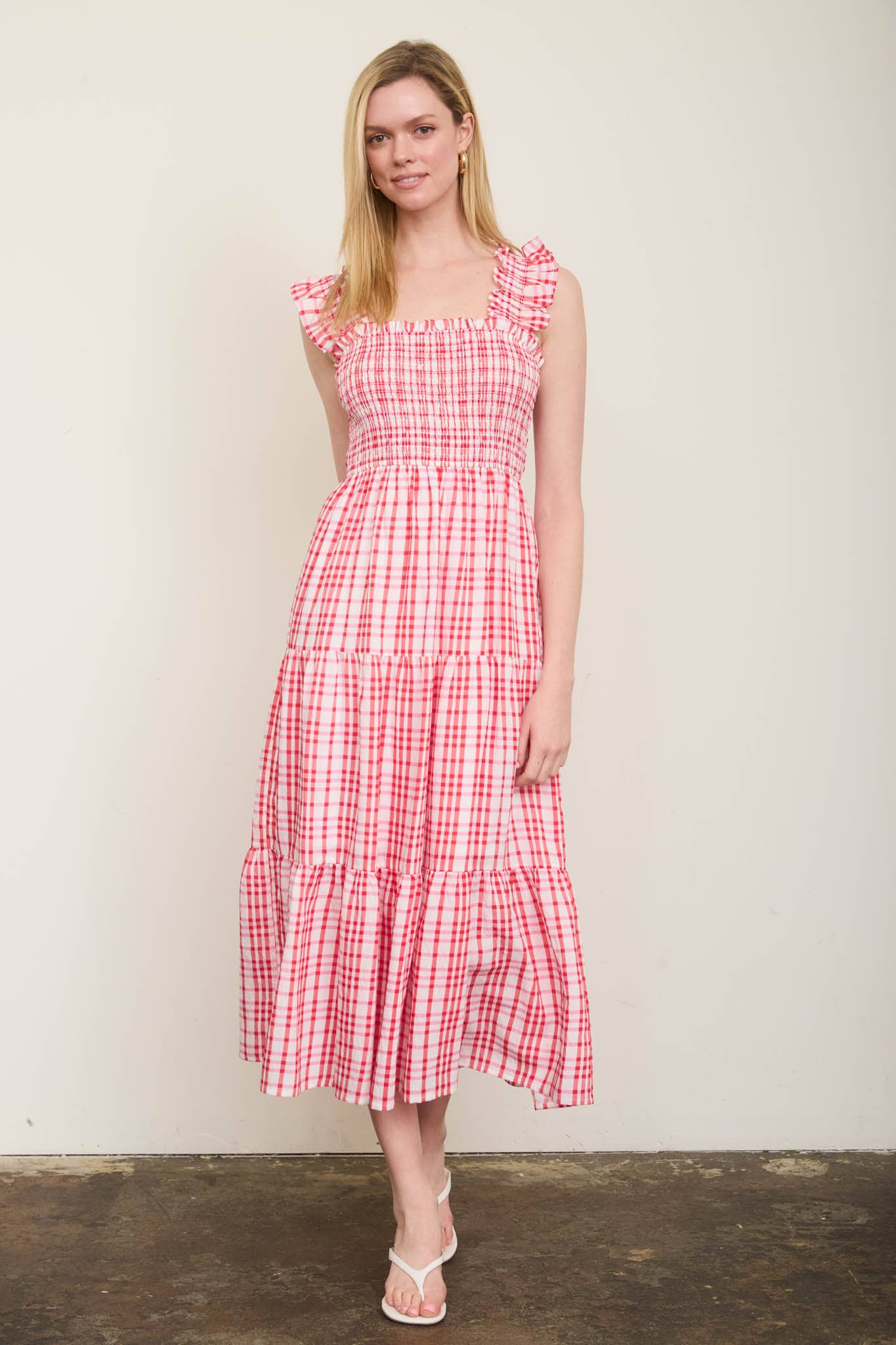 PLAID SMOCKED RUFFLE STRAP TIERED MIDI DRESS
