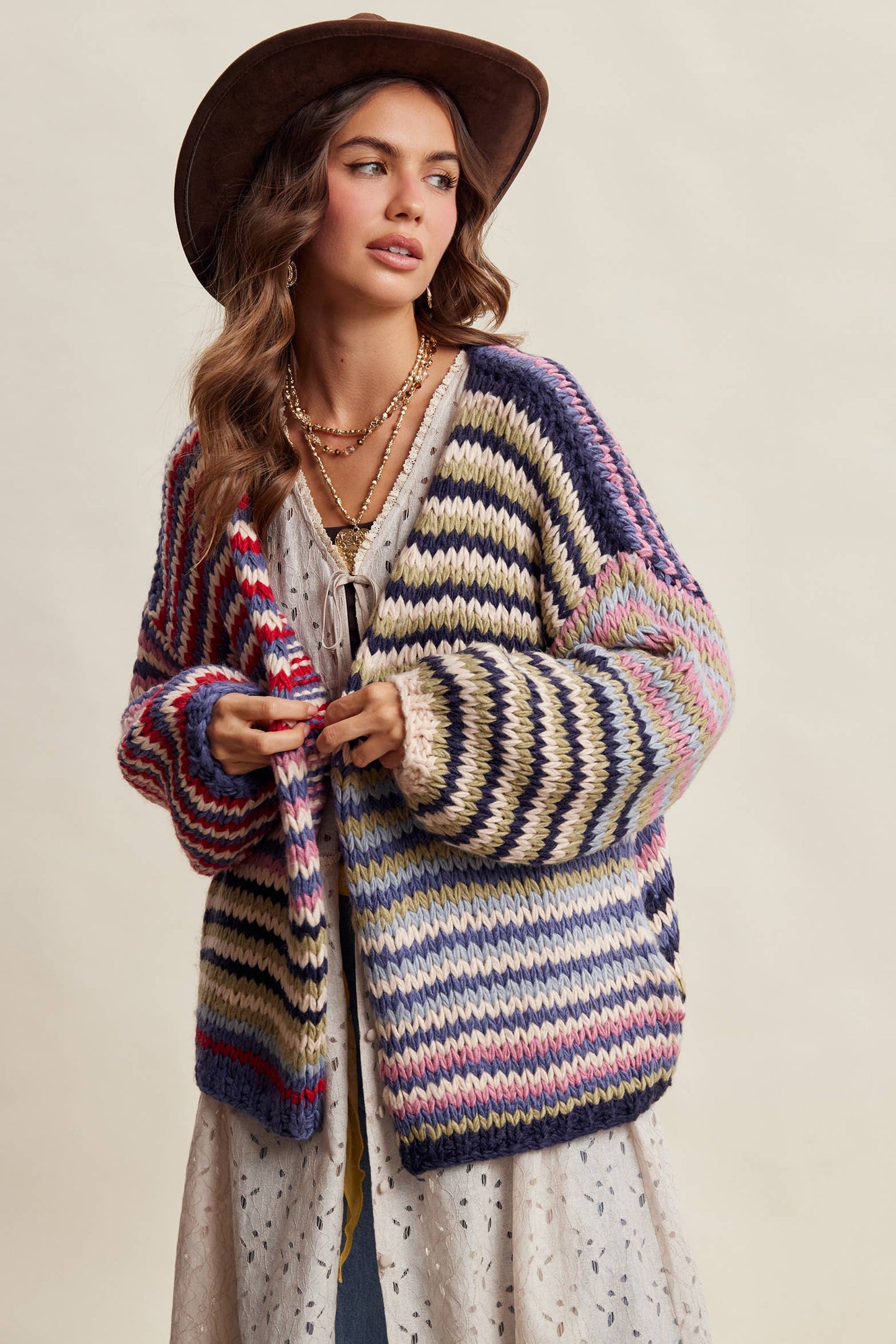 Chunky Multi Stripe Knit Cardigan LSW0731