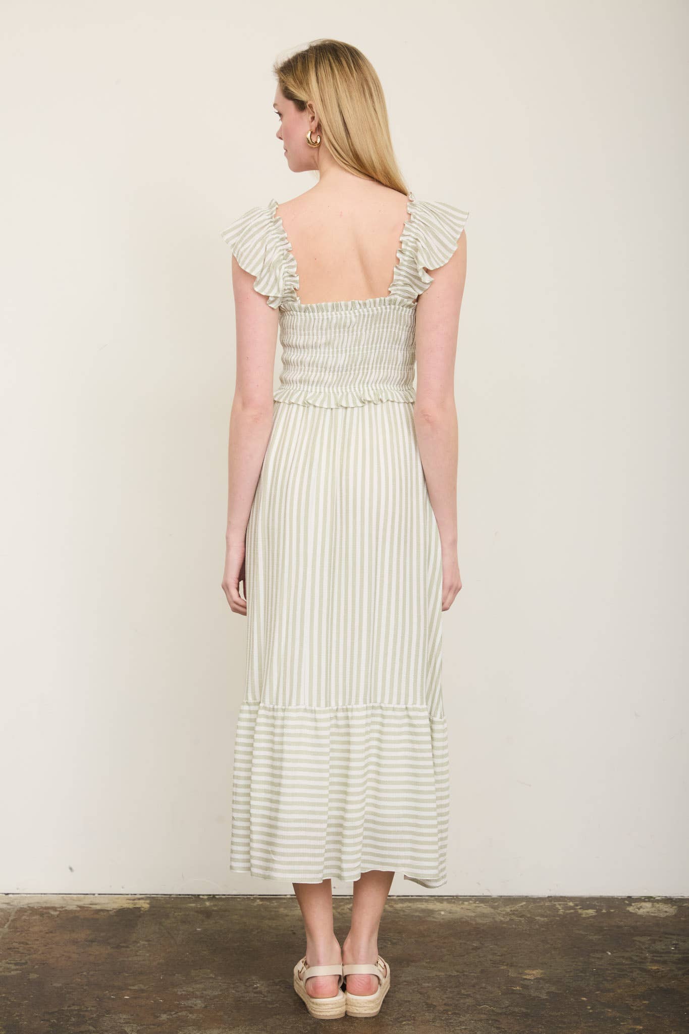 PLUS STRIPE SMOCKED RUFFLE TRIM MIDI DRESS