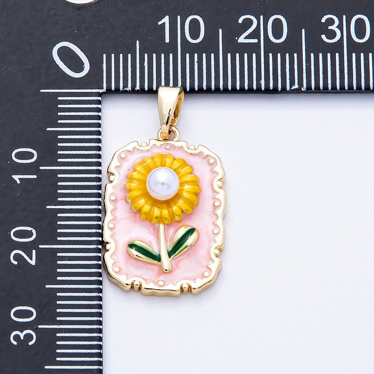 18K Gold Filled 21mm Sunflower Enamel Shell Pearl Rectangle Pendant | Charms-00149