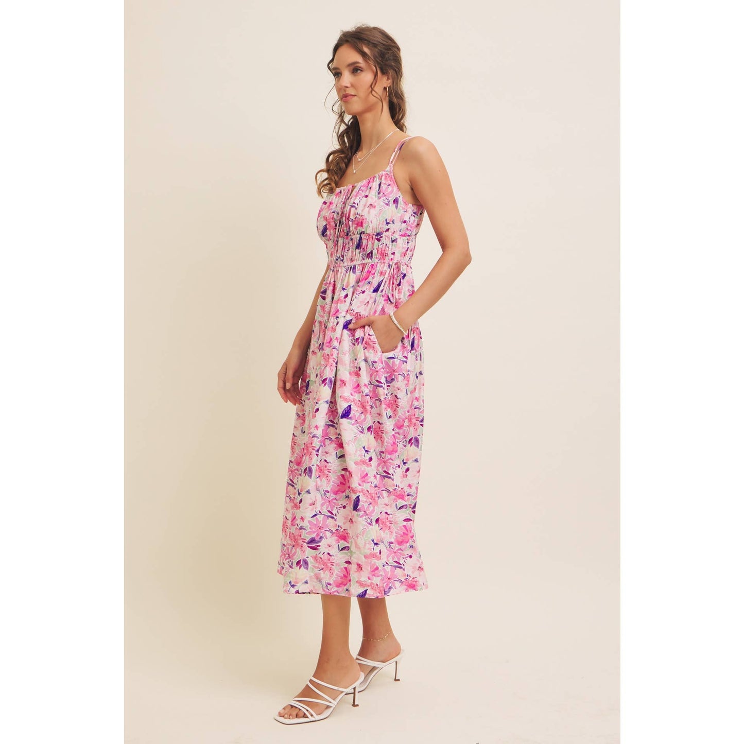 VIBRANT FLORAL PRINT RUCHING CAMI MIDI DRESS