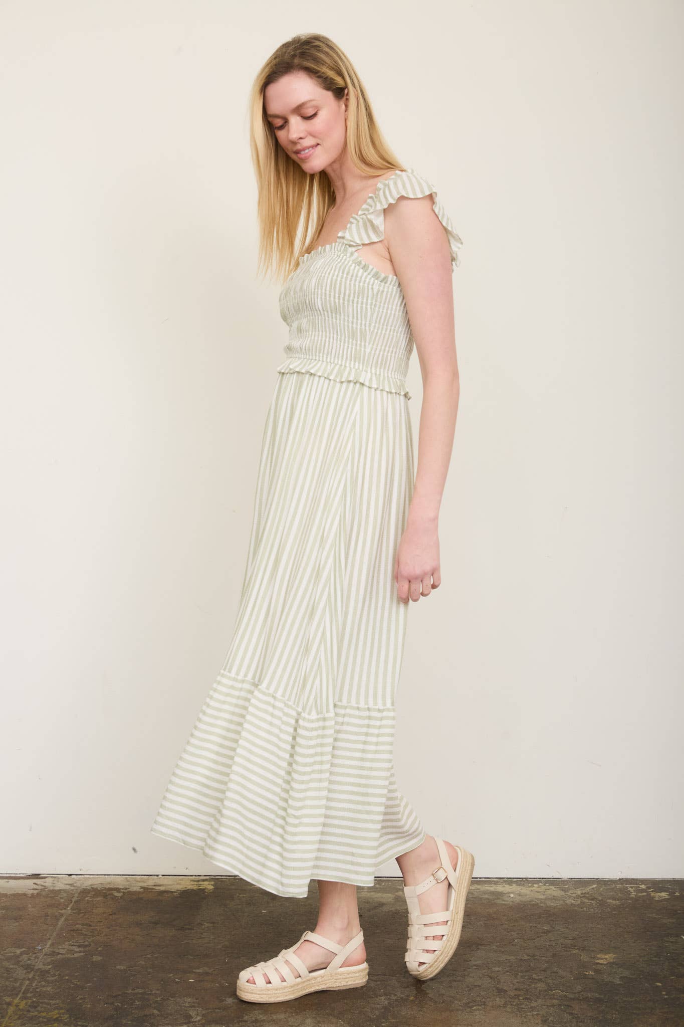 PLUS STRIPE SMOCKED RUFFLE TRIM MIDI DRESS