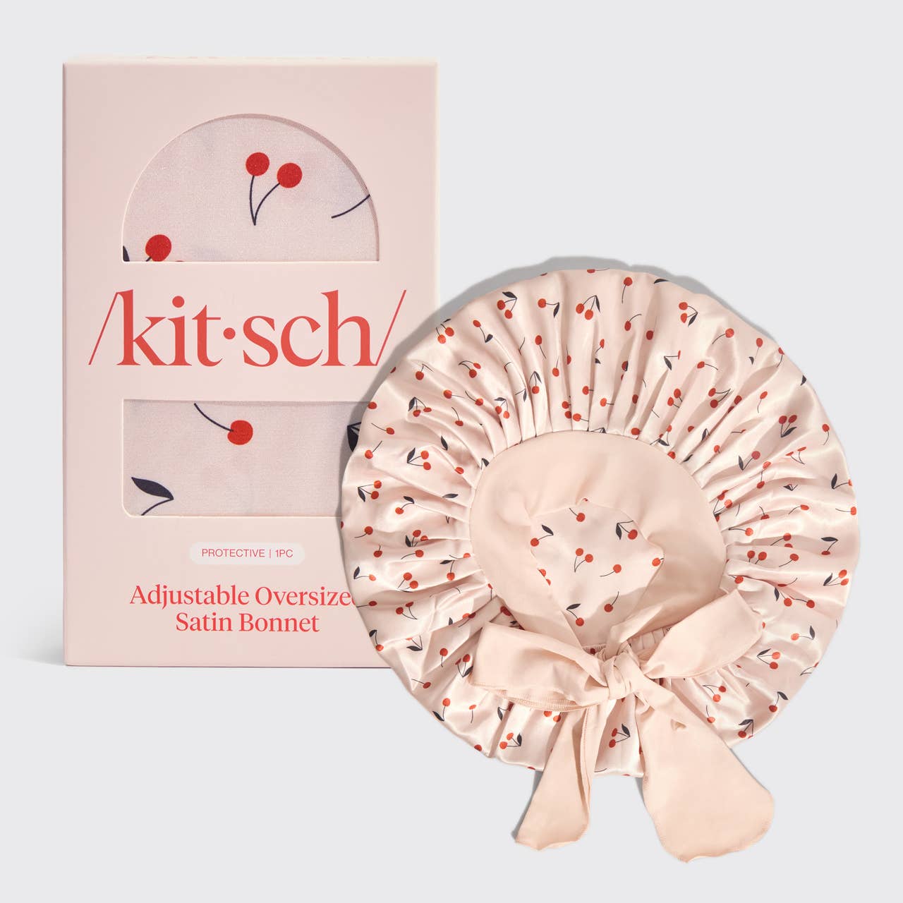 Kitsch | Adjustable Oversized Satin Bonnet - Cherry Print