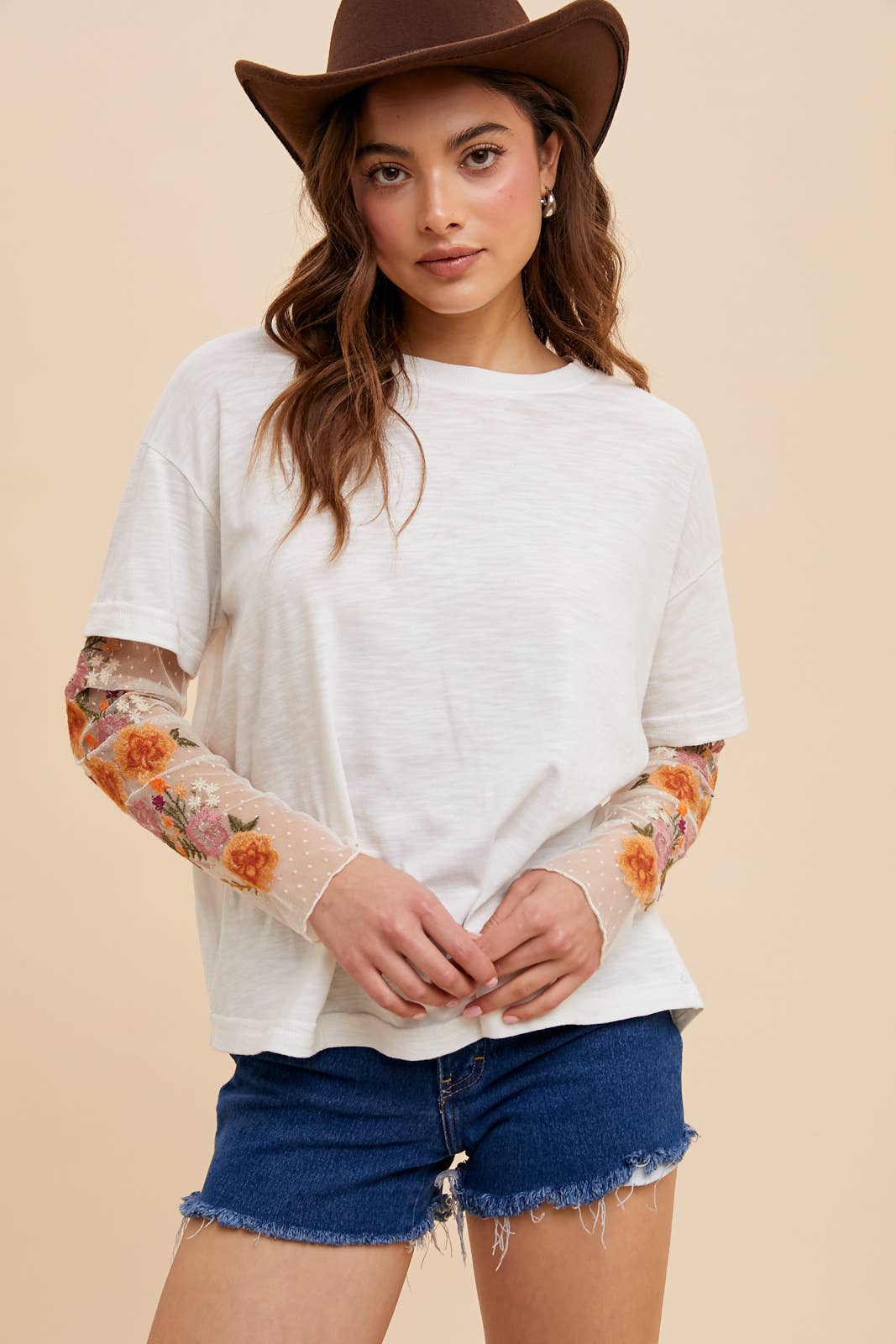 EMBROIDERED TWOFER SLEEVE TOP