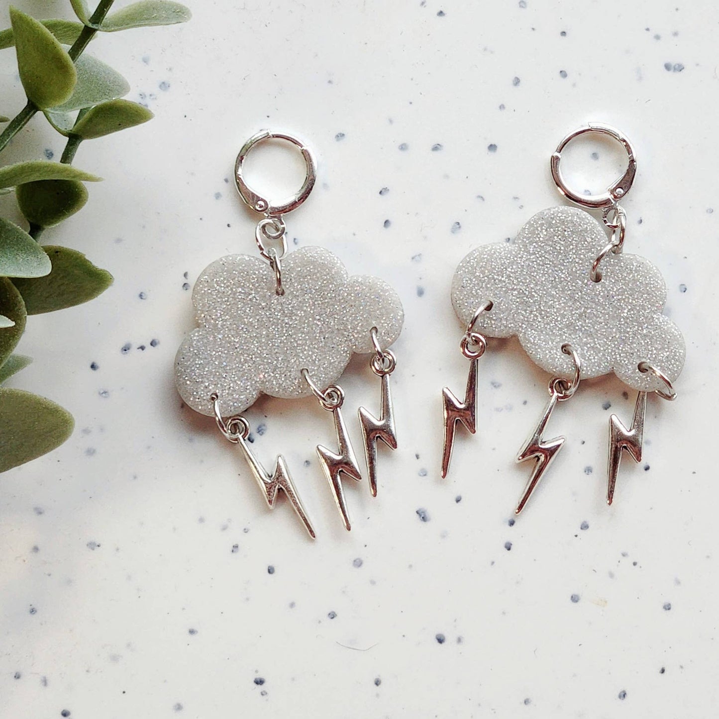 Glitter earrings cloud lightning huggies silver