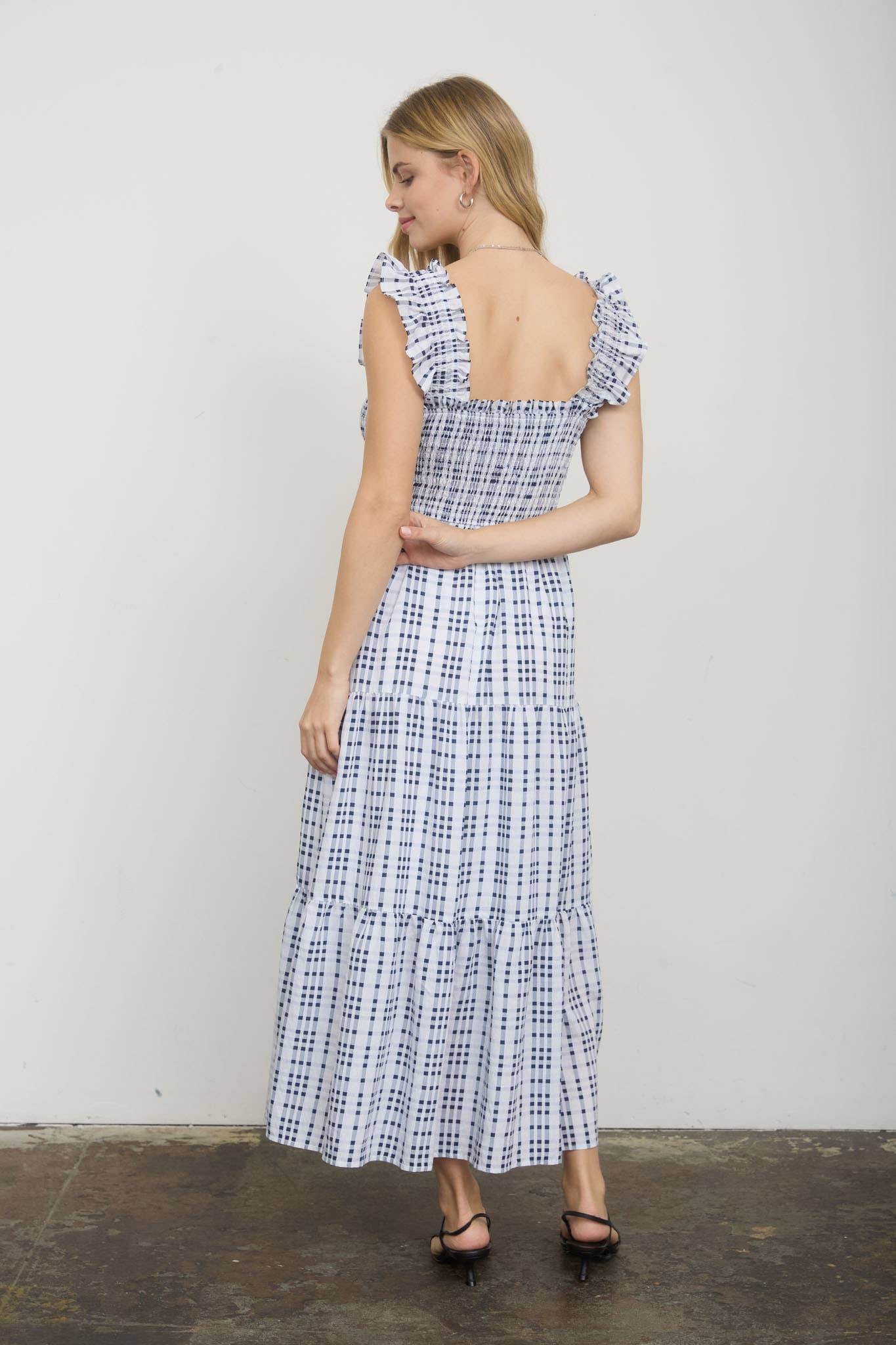PLAID SMOCKED RUFFLE STRAP TIERED MIDI DRESS