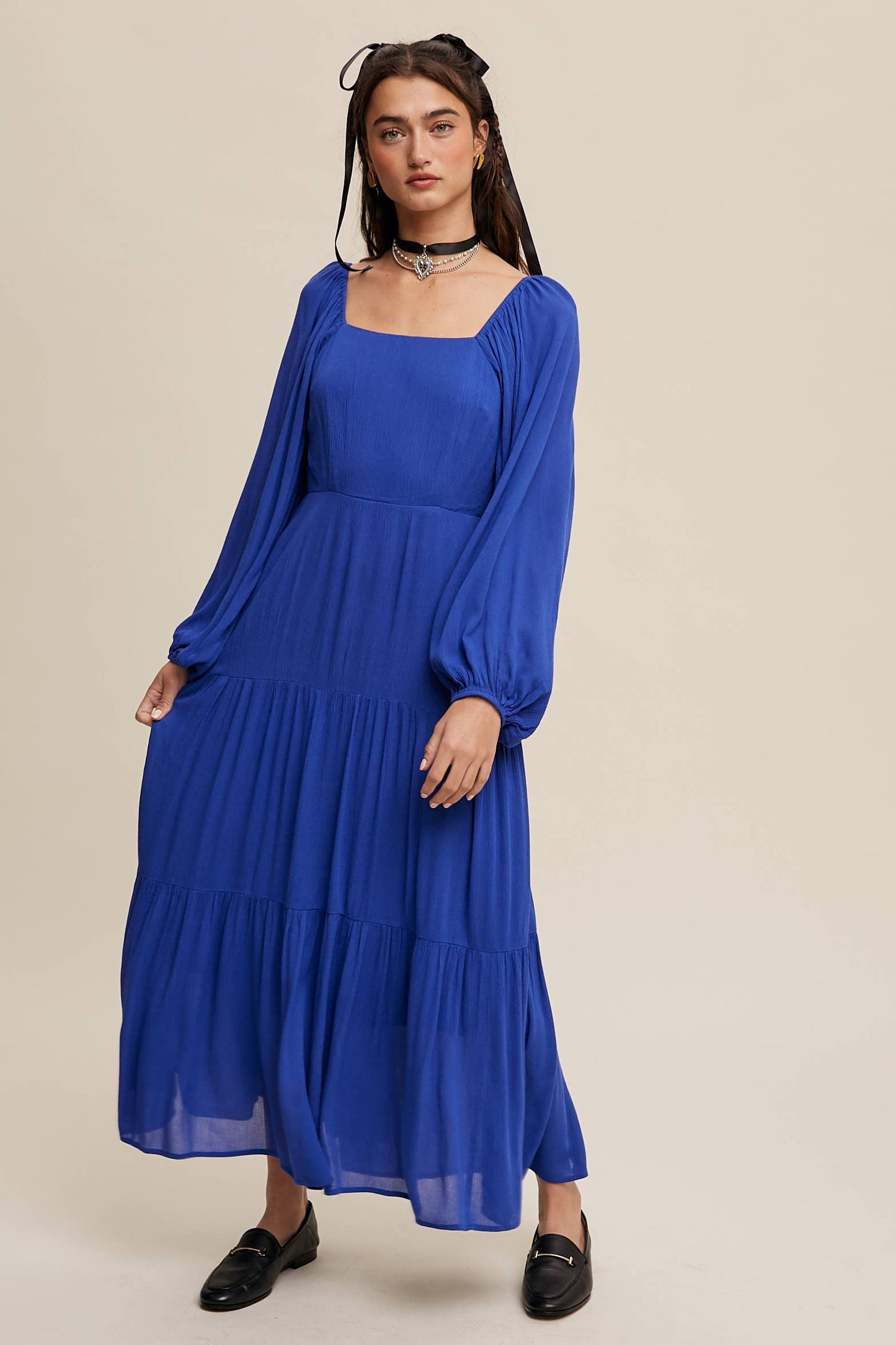 Romantic Square Neck Tiered Boho Maxi Dress