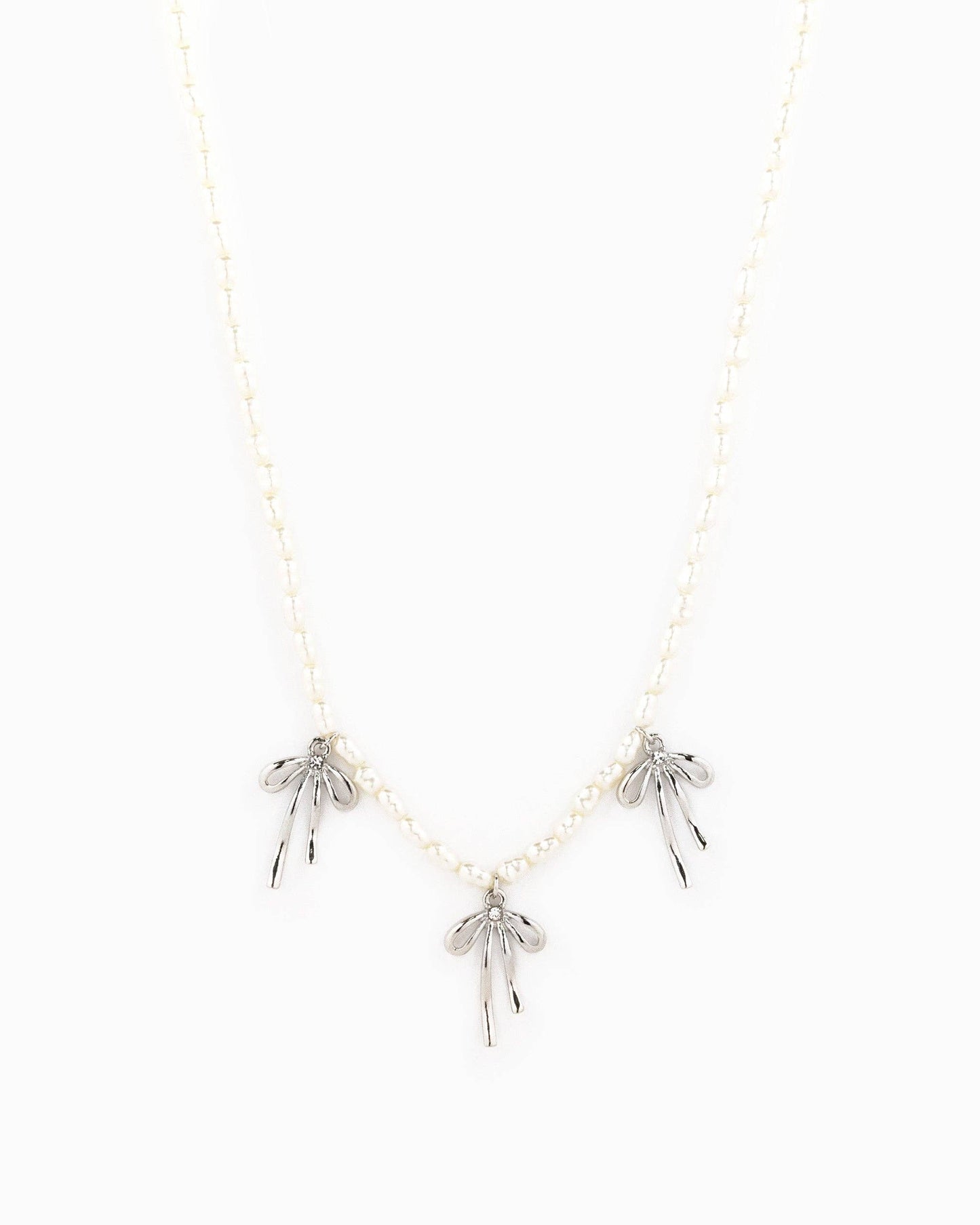 Triple Natural Bow Station Pendants Pearl Necklace