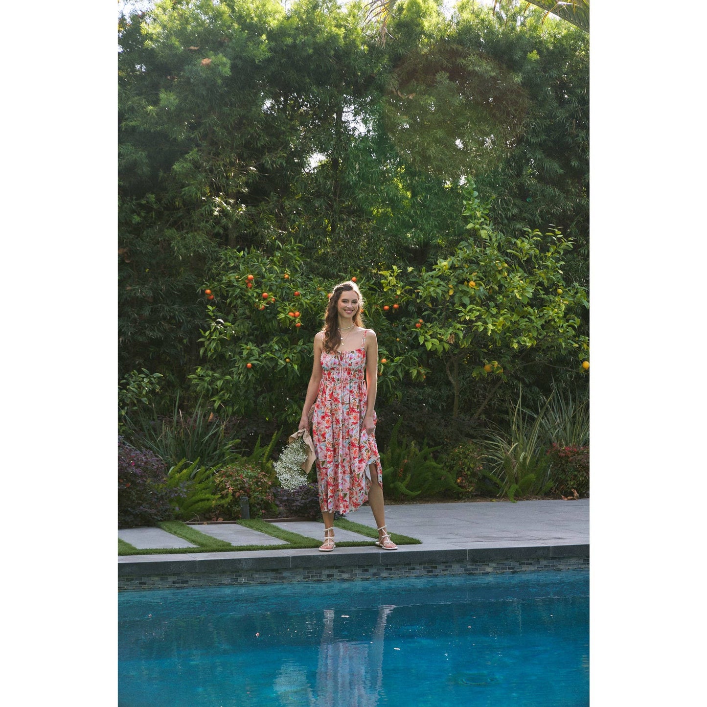 VIBRANT FLORAL PRINT RUCHING CAMI MIDI DRESS
